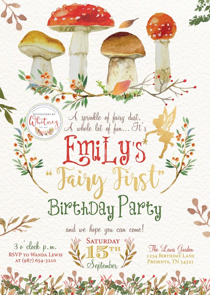 a birthday party flyer with mushrooms and leaves on the front, in watercolor style