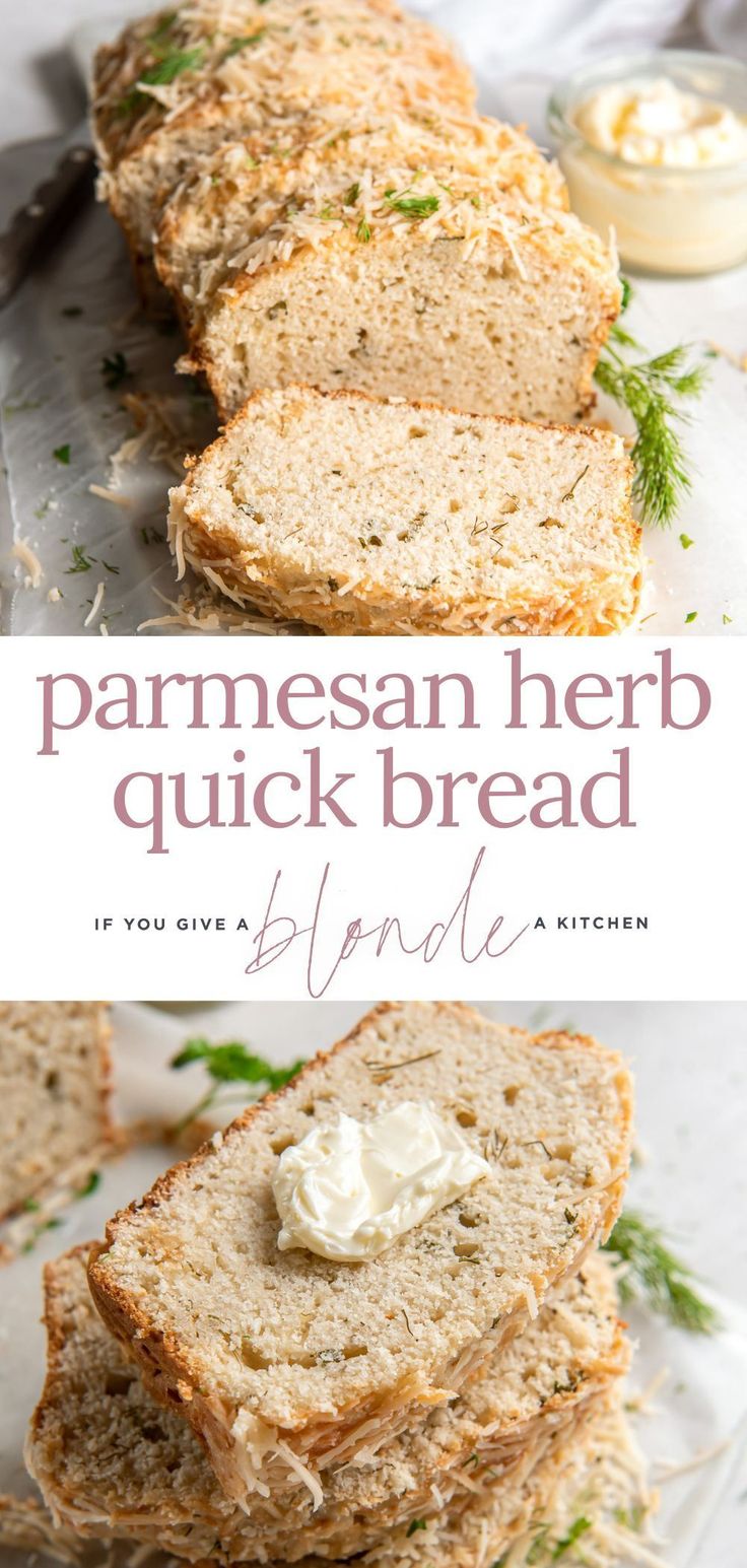 two slices of parmesan herb quick bread are stacked on top of each other