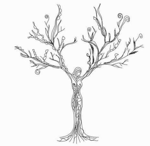 a drawing of a tree with leaves and branches on it, in black and white