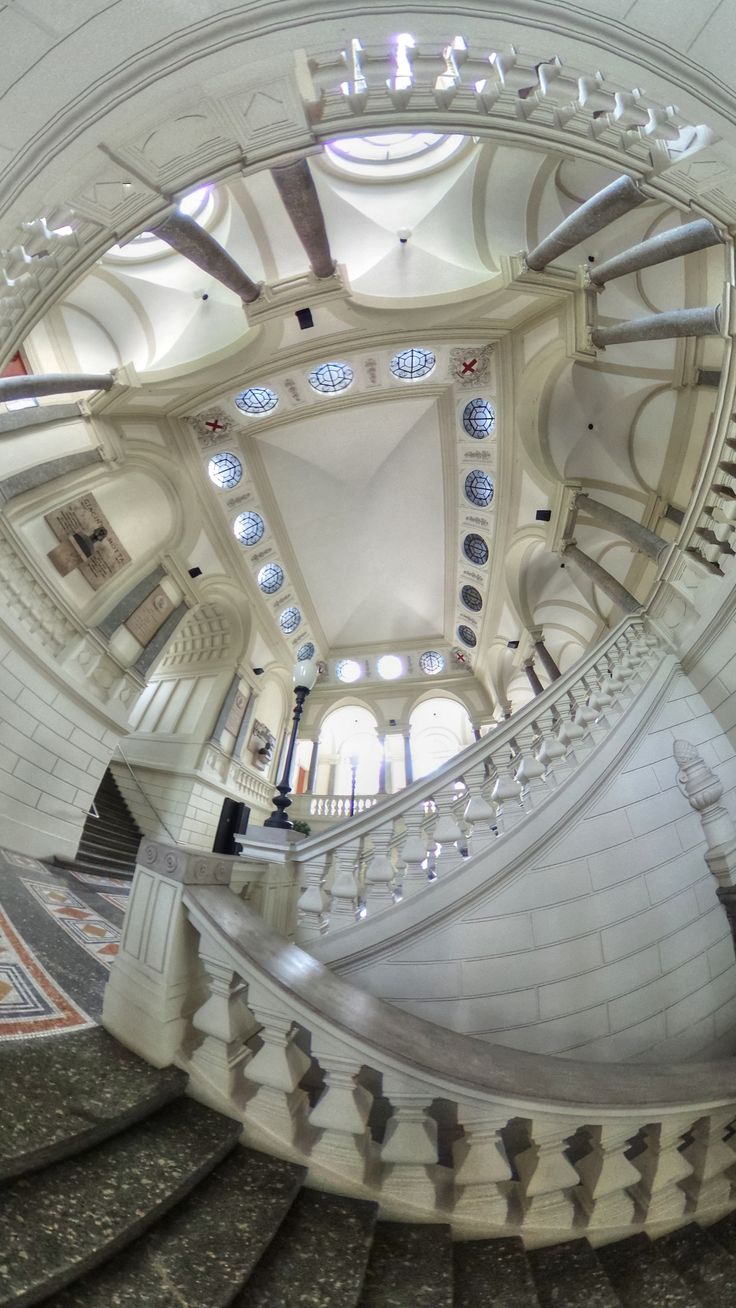 the inside of a building with many stairs