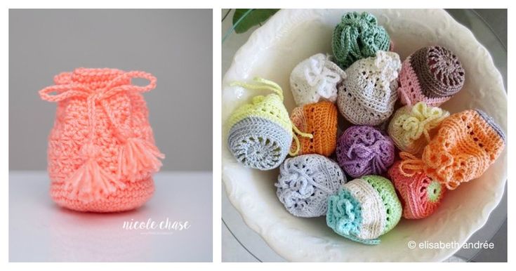 there are crocheted balls in the bowl and on the table next to each other