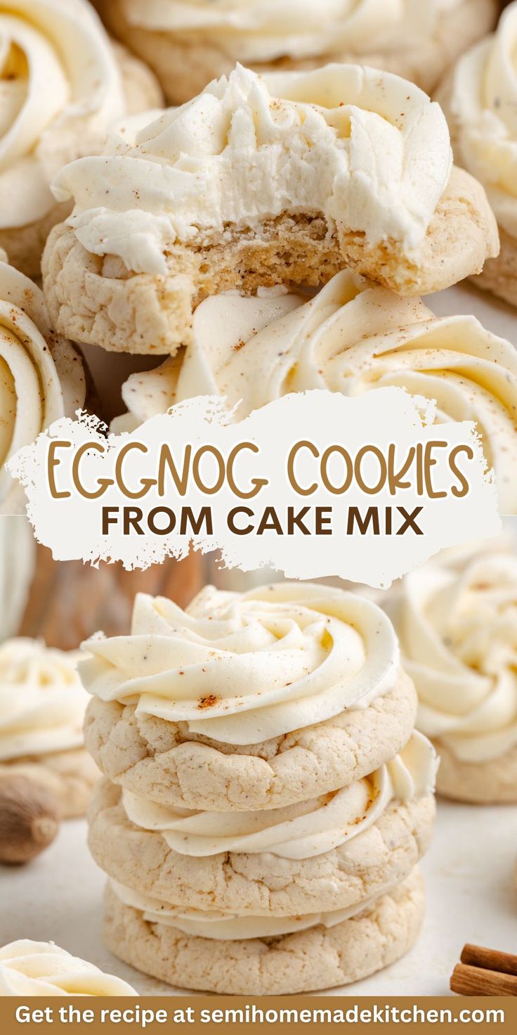 eggnog cookies from cake mix are stacked on top of each other