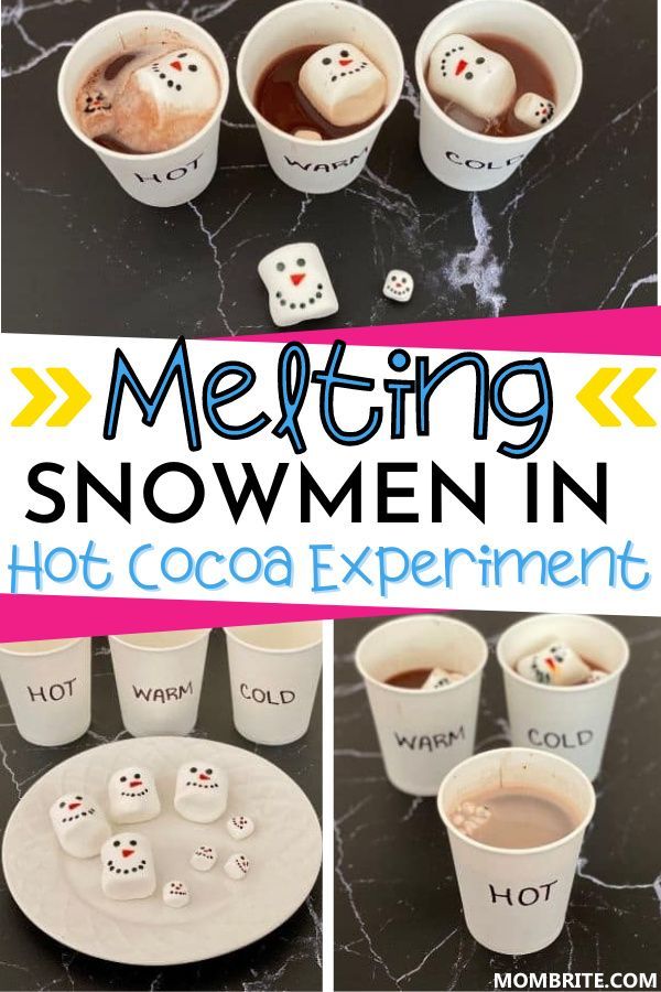 the melting snowmen in hot cocoa experiment is an easy and fun winter activity for kids