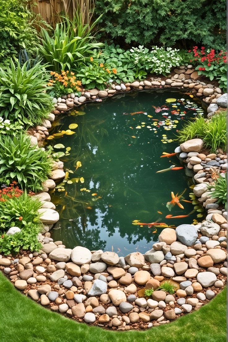 a small pond surrounded by rocks and plants