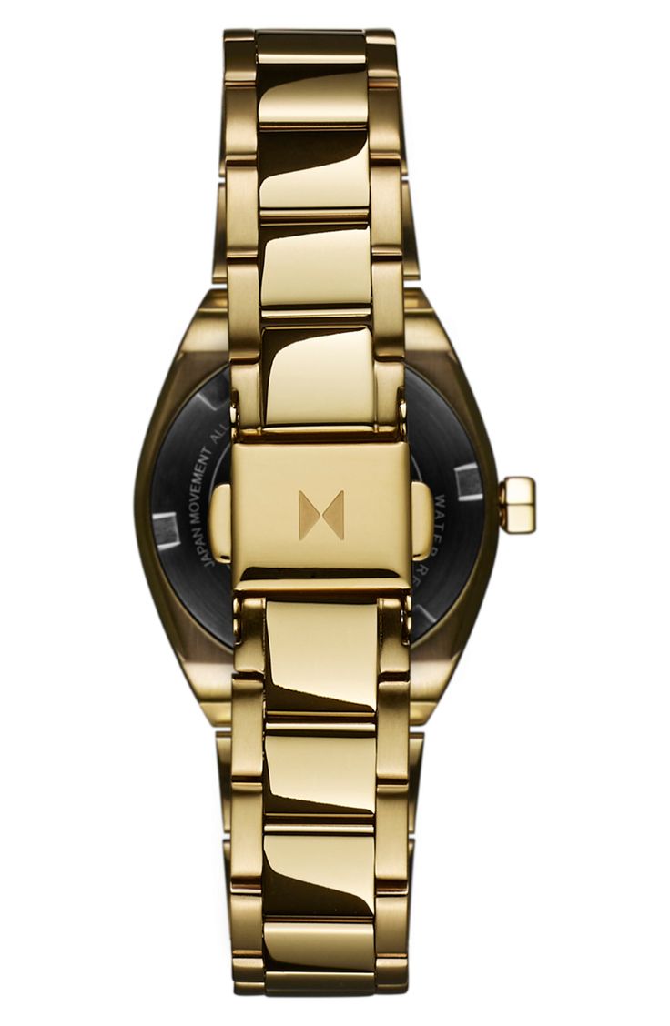 Defined by its '70s silhouette, this minimalist bracelet watch is reimagined with a sunray dial and brushed details. 25mm case Deployant clasp closure Quartz movement Mineral crystal face Stainless steel with ionic goldtone plate Imported Modern Watch Accessories With Polished Finish And Round Dial, Modern Gold Watch With Solid Link Construction, Modern Gold Watch Accessories For Everyday, Gold Minimalist Watch With Polished Finish, Modern Yellow Gold Stainless Steel Watches, Modern Watch Accessories With Analog Display, Modern Gold Watch Accessories With Analog Display, Modern Yellow Gold Watch With Analog Display, Minimalist Bracelet