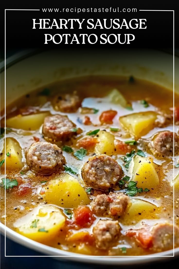 This hearty and flavorful Sausage Potato Soup combines savory Italian sausage, tender potatoes, and a creamy broth, creating a comforting dish perfect for chilly nights. Packed with flavor, it's easy to make and can be adjusted for your spice preference with optional red pepper flakes. German Sausage And Potato Soup, Sausage Pepper Soup, Sausage And Potatoes Soup, Sausage And Potato Stew, Italian Sausage And Potato Soup, Sausage Potato Soup, Sausage Soup Recipes, Sausage Potato, German Sausage