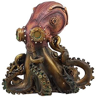 an octopus statue is shown in bronze and brown colors, it's head turned to the side