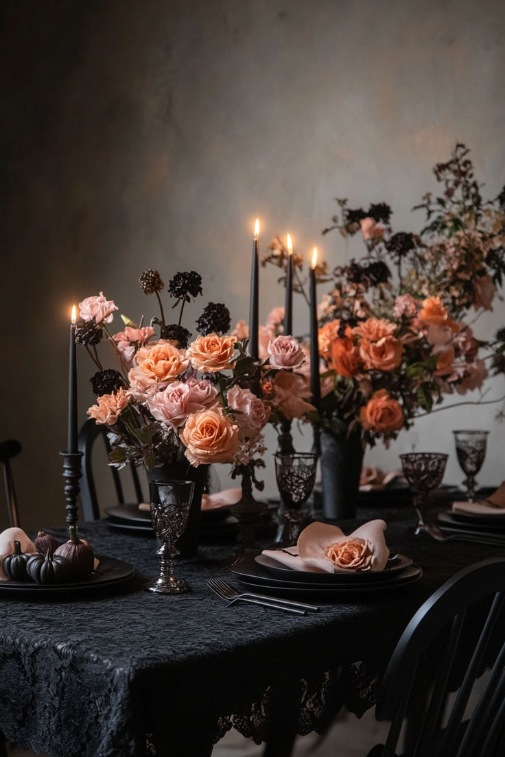 the table is set with candles and flowers