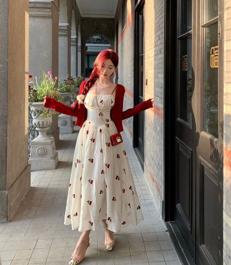 Conquer your coquette style game with this Cherry Embroidered 2-Piece Dress Set! This dress set features cherry embroidered dress with stretchy back (shirring) and accented waist, and a long sleeve cardigan in bold crimson red. Perfect for a daring adventurer exploring a castle or taking on any stylish challenge! Size S Bust: 82-88cm Waist: 60-68cm Length: 125cm Size M Bust: 84-90cm Waist: 64-70cm Length: 125cm Size L Bust: 86-92cm Waist: 68-78cm Length: 125cm Dress Combo For Women, Casual Tea Length Dress, Corset Dresses Casual, Valentines Day Dress Casual, Strawberry Pattern Dress, Cute Cherry Dress, Stretchy Dresses Style, White Dress With Cherries, Red And White Floral Dress