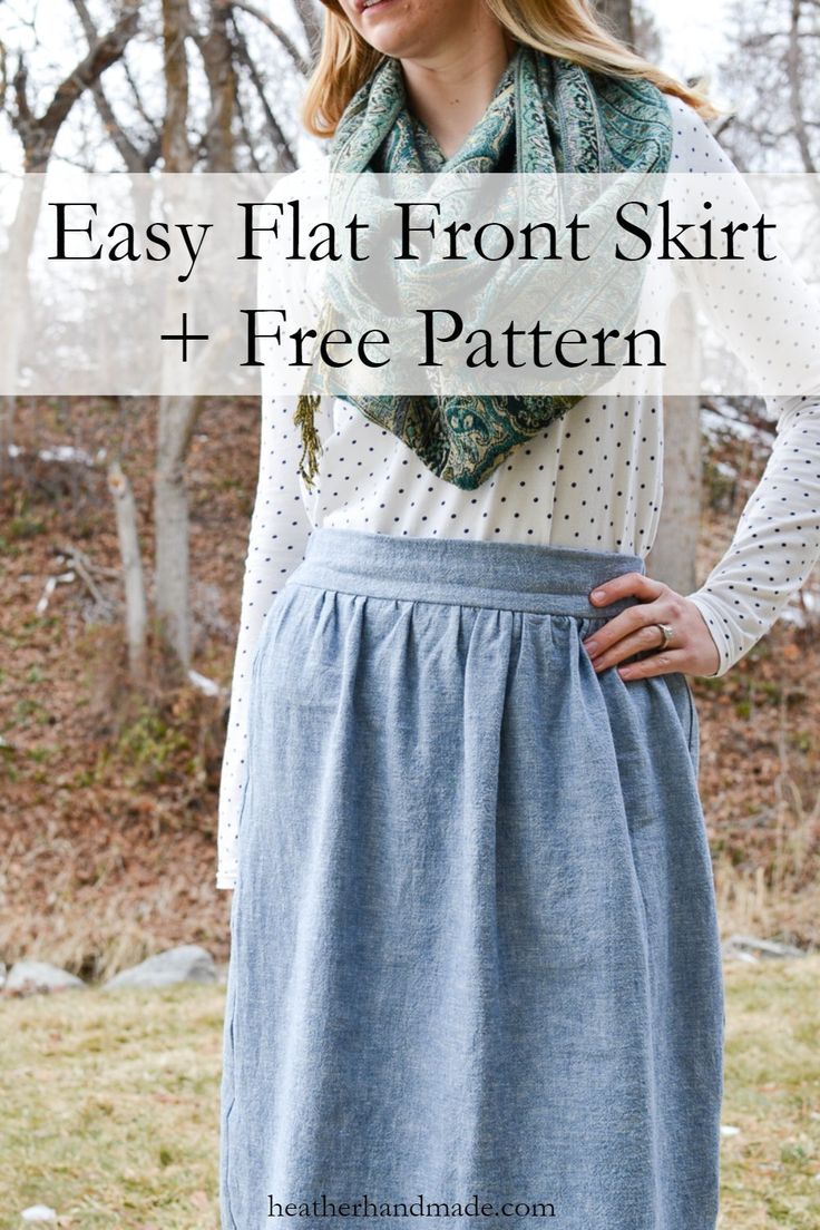 a woman wearing a skirt with the words easy flat front skirt + free pattern on it