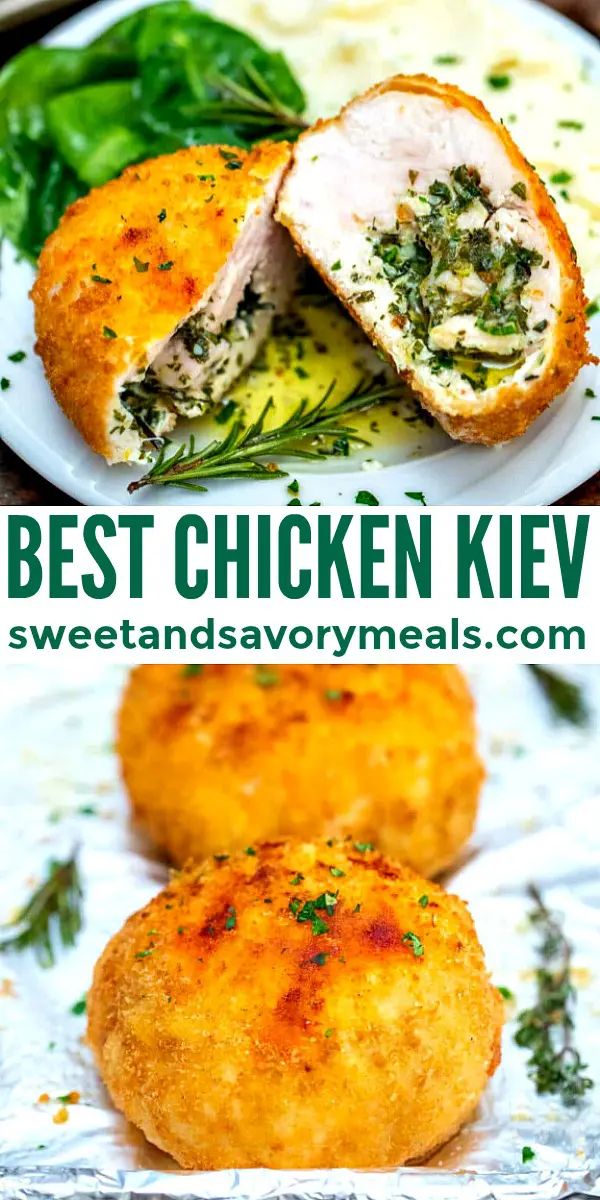 the best chicken kev is served on a white plate with spinach and parsley