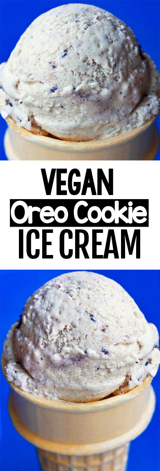 two ice cream cones with the words vegan oreo cookie ice cream