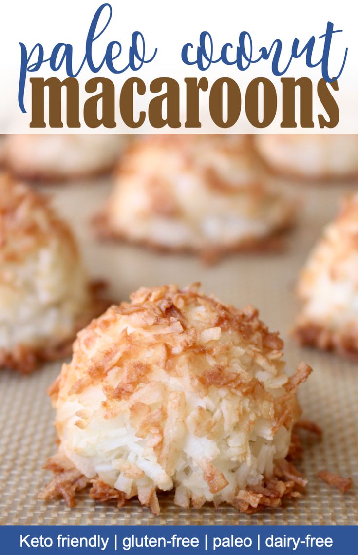 coconut macaroons on a baking sheet with the words paleo coconut macaroons