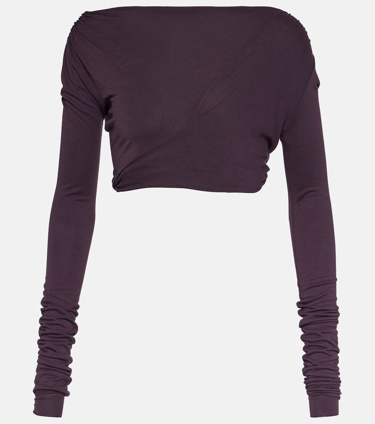 Lilies Jersey Cropped Top in Purple - Rick Owens | Mytheresa Stretch Elastane Cropped Tops, Stretch Cropped Versatile Tops, Versatile Cropped Elastane Crop Top, Stretch Cropped Top Versatile Style, Versatile Elastane Crop Top, Cropped Fitted Ruched Top, Fitted Cropped Ruched Tops, Versatile Cropped Crop Top With 4-way Stretch, Versatile Cropped Tops