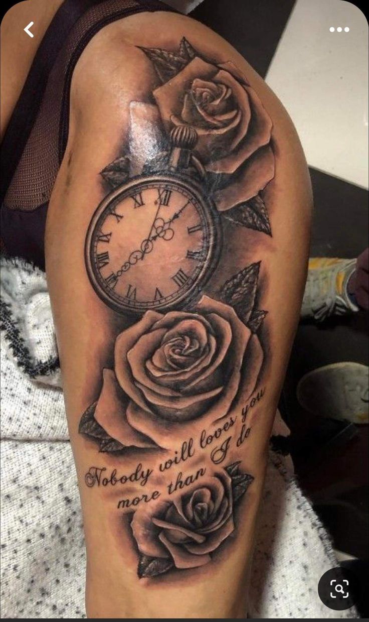 a woman's arm with a clock and roses on it