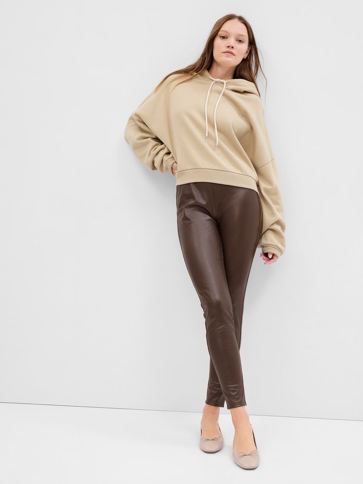 Vegan-Leather Ponte Leggings | Gap Factory Brown Leather Leggings For Fall, Chic Gap Bottoms For Fall, Casual Beige Leather Pants For Fall, Stone Leggings, Styling Leather Leggings, Women Leggings Outfits, Hot Pink Leggings, Leather Leggings Outfit, Pleather Pants