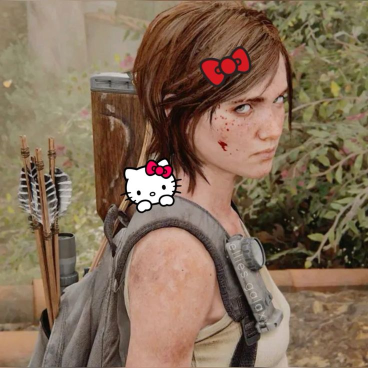 the last of us character with red hearts on her head and an arrow in her hand