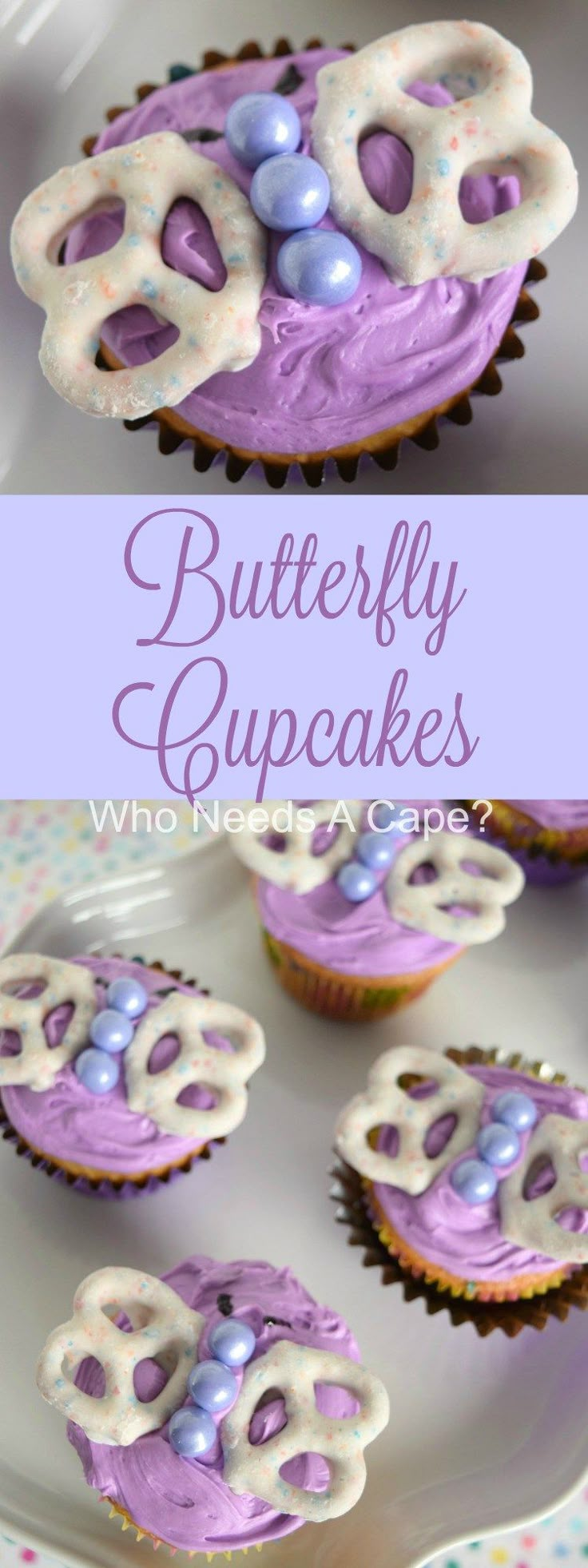 cupcakes with purple frosting and white icing are on a platter