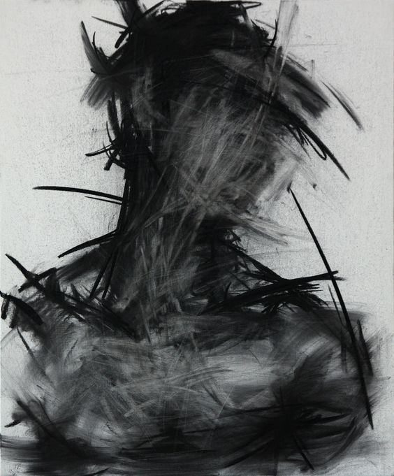 an abstract black and white painting with brush strokes