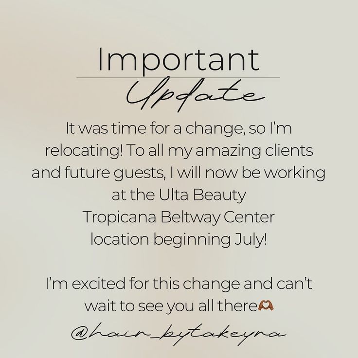 🎉 Exciting News 🎉 After a long SIX years, I’m thrilled to announce that I’m moving on and relocating to a new location!! Starting Tuesday, July 9th, you can find me at Ulta Beauty Tropicana Beltway Center location! (Tagging location in this post😉) Come and enjoy being pampered while continuing to receive your member rewards by getting your hair services done with me. 💖 I can’t wait to welcome you to this new chapter and continue providing you with the best service in an upgraded, more int... Moving To A New Salon Announcement, New Salon Announcement, New Location Announcement Salon, New Location Announcement, Salon Wall Art, Hair Services, July 9th, Im Excited, New Location