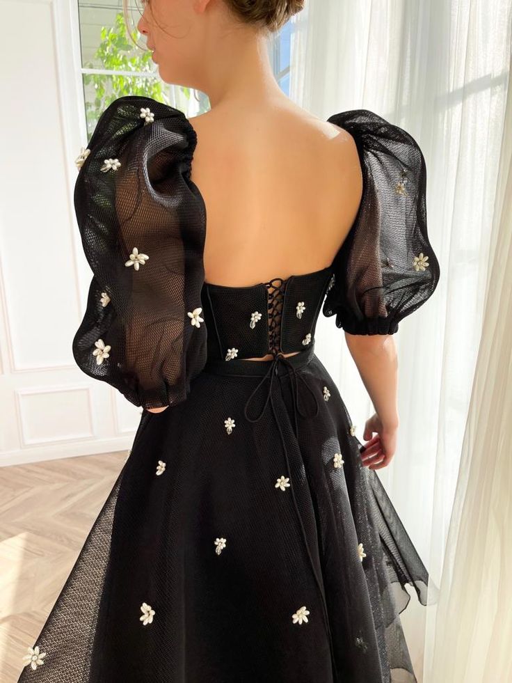 Black Posh Two-Piece Dress | Teuta Matoshi Organza Corset For Prom, Black Spring Prom Corset Dress, Black Corset Dress For Prom In Spring, Black Corset Dress For Spring Prom, Elegant Tulle Bodice For Prom Season, Elegant Tulle Bodice For Evening, Elegant Sheer Bodice Corset For Prom Season, Chic Spring Corset Dress With Sheer Bodice, Elegant Organza Corset Dress For Evening