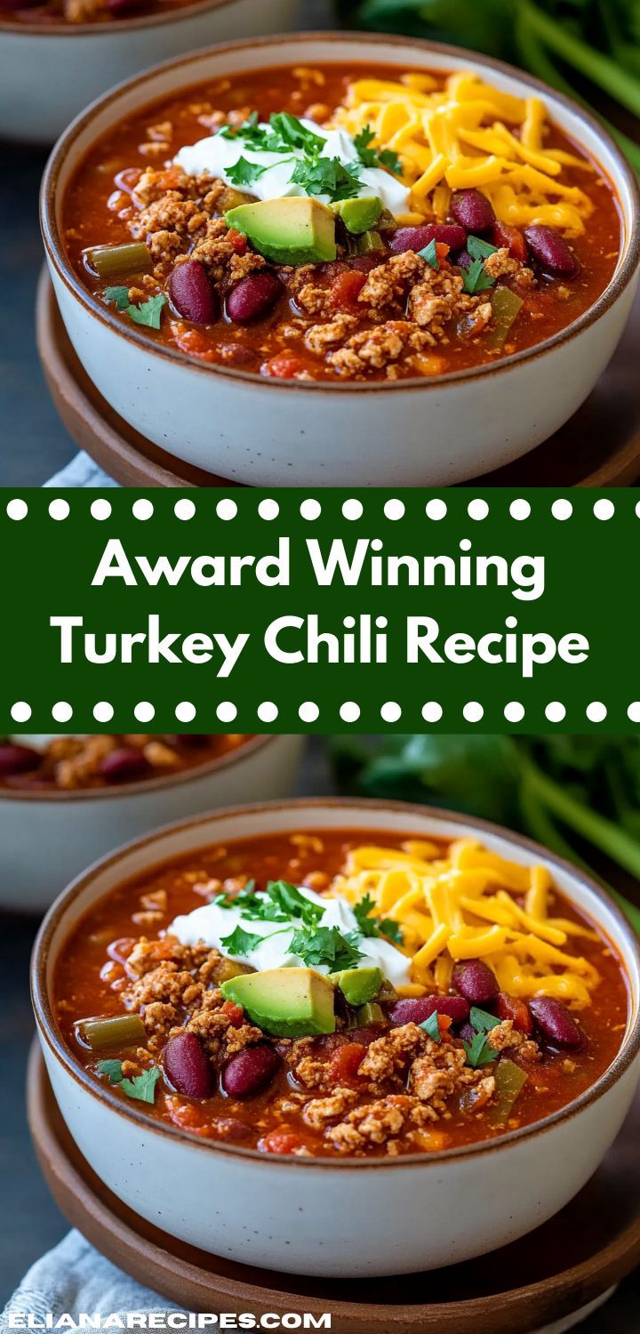 two bowls filled with chili and cheese on top of each other, in front of the words award winning turkey chili recipe