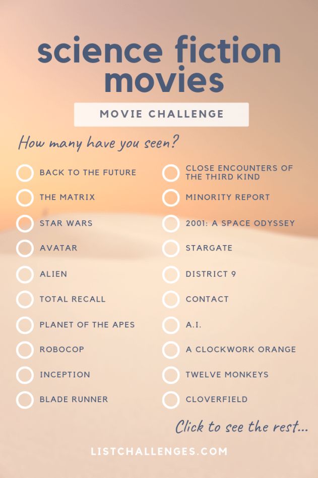 the science fiction movies checklist is shown in blue and white with an orange sky behind it