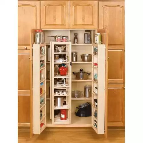 an open cabinet with many items in it