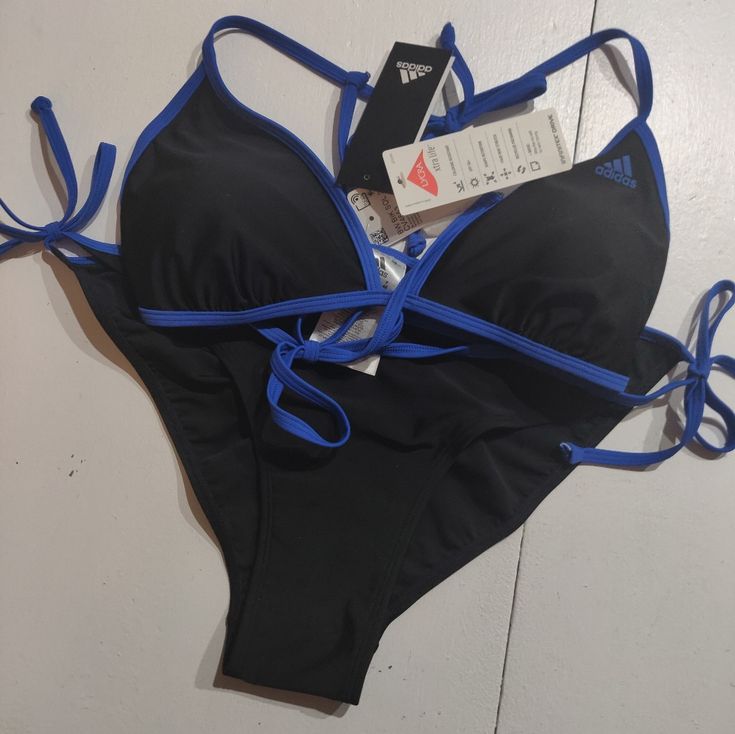 Adidas Black Bikini W/Electric Blue Trim, (Brand New Never Worn) Size M/L Adidas Beachwear Swimwear For Poolside, Fitted Adidas Swimwear For Pool, Adidas Stretch Swimwear For Swimming, Adidas Stretch Swimwear For Sports, Adidas Black Swimwear For Swimming, Adidas Fitted Swimwear For Swimming, Adidas Black Fitted Swimwear, Fitted Black Adidas Swimwear, Adidas Swimwear