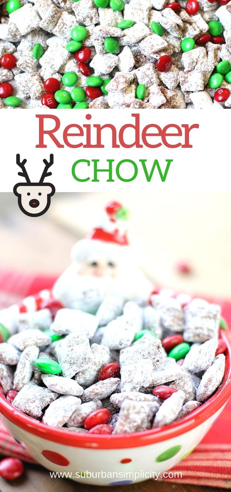 a bowl filled with reindeer chow on top of a red table cloth and green and white candy