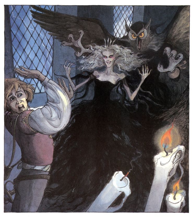 an illustration of a woman in a black dress surrounded by other women and cats, with one holding a lit candle