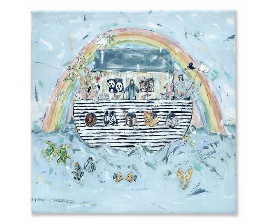 a painting of a boat with people on it and a rainbow in the background