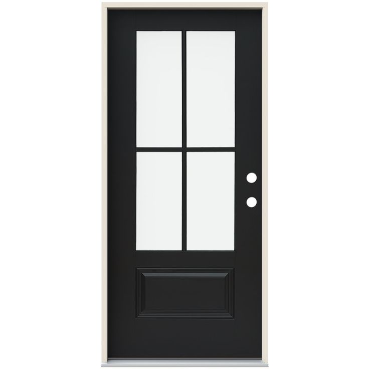 a black and white door with four panes on the front, and two sidelights