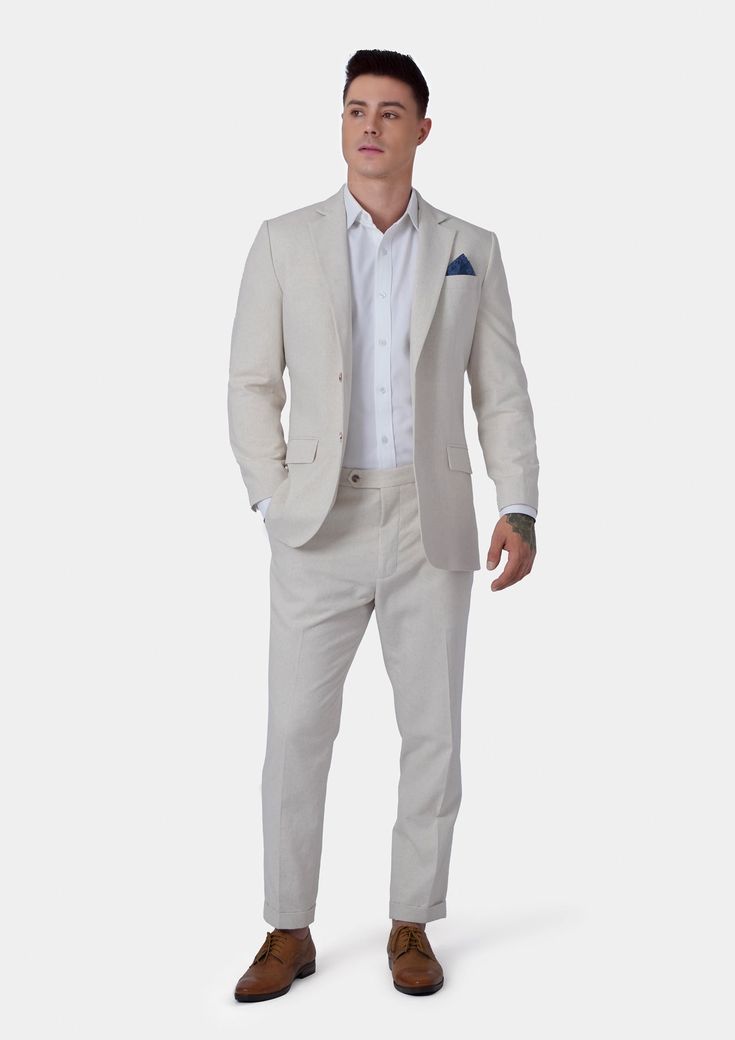 Delivered in as little as two weeks. Jacket & pants included. Vest optional. Covered by our Free Remake Guarantee. Complete the look with Shirts, Ties & Squares. Summer Cotton Business Suits, Fitted Linen Summer Suits, Summer Fitted Linen Suit, Summer Linen Business Suits, Tailored Linen Summer Suits, Casual Linen Suits For Summer, Summer Cotton Suit For Business Casual, Casual Linen Summer Suits, Summer Cotton Suits With Welt Pockets