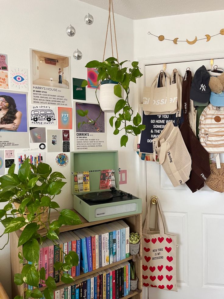 there is a book shelf with books and pictures on the wall next to a potted plant