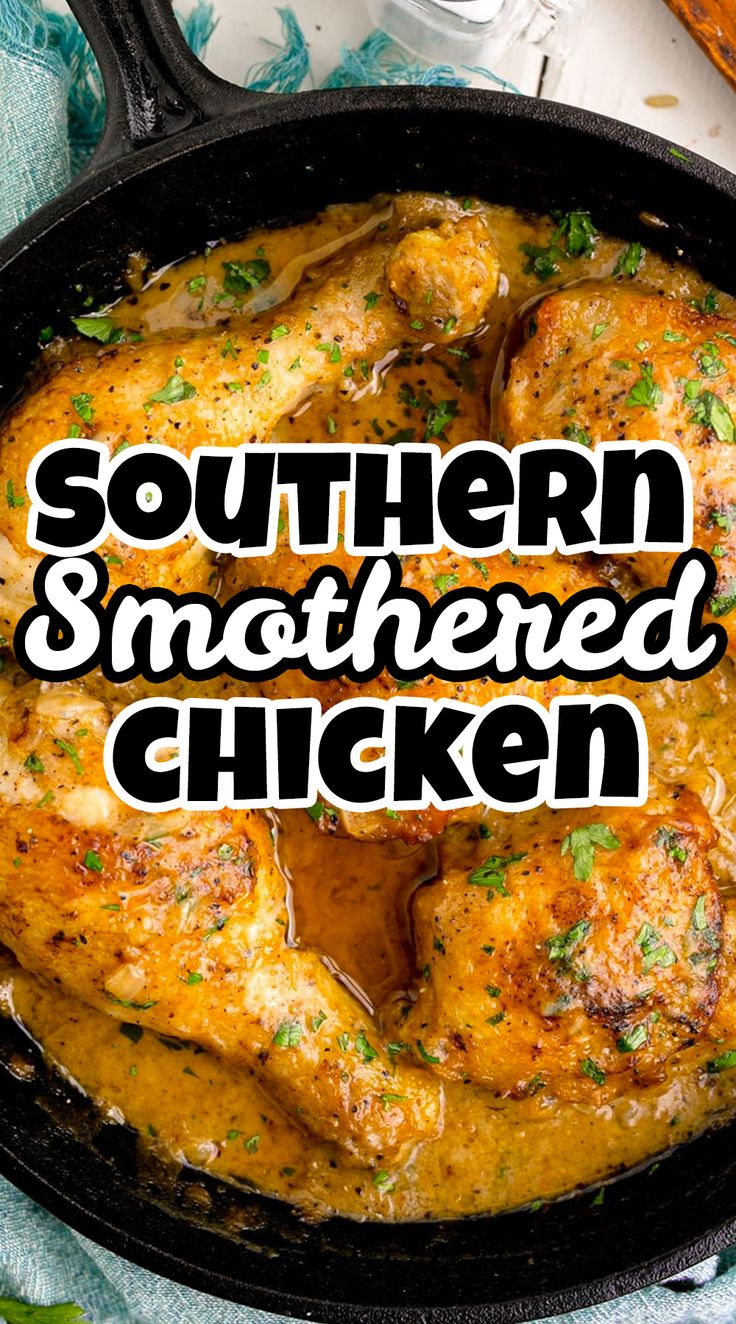 Southern Smothered Chicken Recipe Louisiana Smothered Chicken, Smothered Chicken Dinner Ideas, Chicken Drum And Thigh Recipe, Simmered Chicken, Smothered Chicken Quarters, Southern Style Chicken, Smothered Turkey Thighs, Chicken Thigh Recipes Smothered, Chicken Smothered