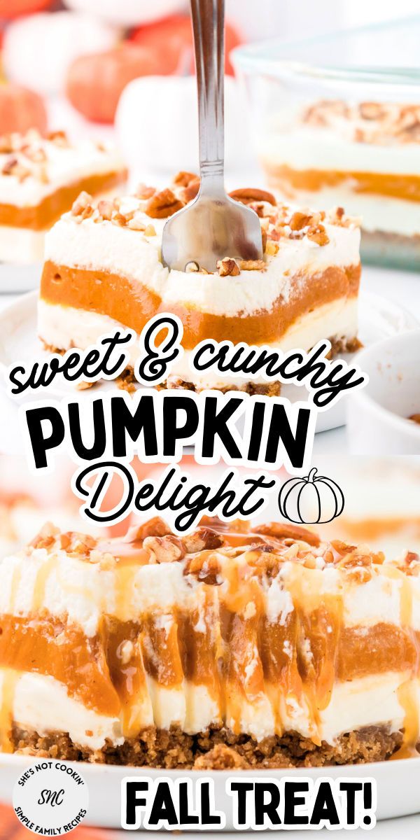 No bake pumpkin delight served on a white plate. Easy Pumpkin No Bake Recipes, Pumpkin Cheesecake Delight No Bake, Pumpkin Sweets Recipes, Fall Potluck Ideas Dessert, Pumpkin Pretzel Dessert, Pumpkin Eclair Dessert, Pumpkin Delight Dessert No Bake, Potluck Desserts Fall, Fall Desserts No Bake