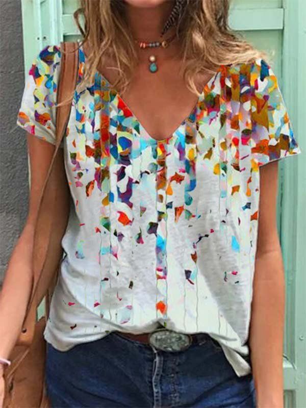 Summer Style Casual, Basic Tops, Summer Tops, V Neck Tops, Ladies Tops Fashion, Size Clothing, Confetti, Short Sleeve Tee, Printed Shirts