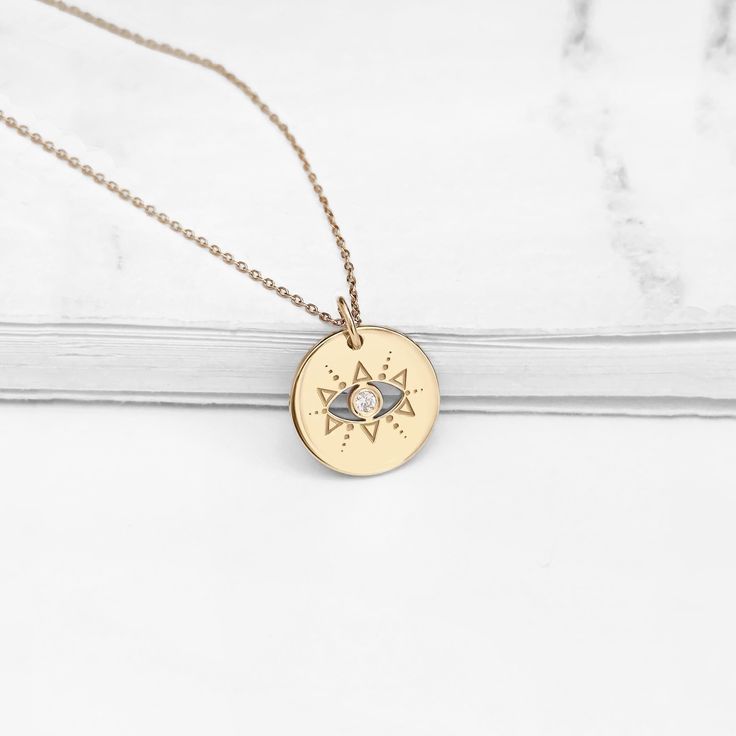 18K 14K 9K Dainty Diamond Evil Eye Necklace, Minimalist Small Evil Eye Charm Necklace, Solid gold layering necklace, Lucky charm, Gift for Her, Gift for mom, Kabbalah Jewelry, FREE EXPRESS SHIPPING Dainty, minimalist solitaire diamond evil eye charm necklace with a unique design and made in 18K, 14K or 9K gold. An absolute staple! Whisper...My new Lucky charm! ------------------------------------------------- D E T A I L S 18K, 14K or 9K Solid Gold Disc size: 12mm/ approx. 0.47in Natural white d Rose Gold 14k Gold Charm Necklaces, Rose Gold 14k Gold Necklaces With Charms, Rose Gold 14k Gold Charms Necklace, Everyday Tarnish-resistant Recycled Gold Charm Necklace, Dainty 14k Gold Filled Engraved Charm Necklaces, Everyday Gold Plated Engraved Charm Necklaces, Engraved 14k Gold Filled Pendant Charm Necklaces, Everyday Engraved Gold Plated Charm Necklaces, Delicate Round Charm Necklace Tarnish Resistant