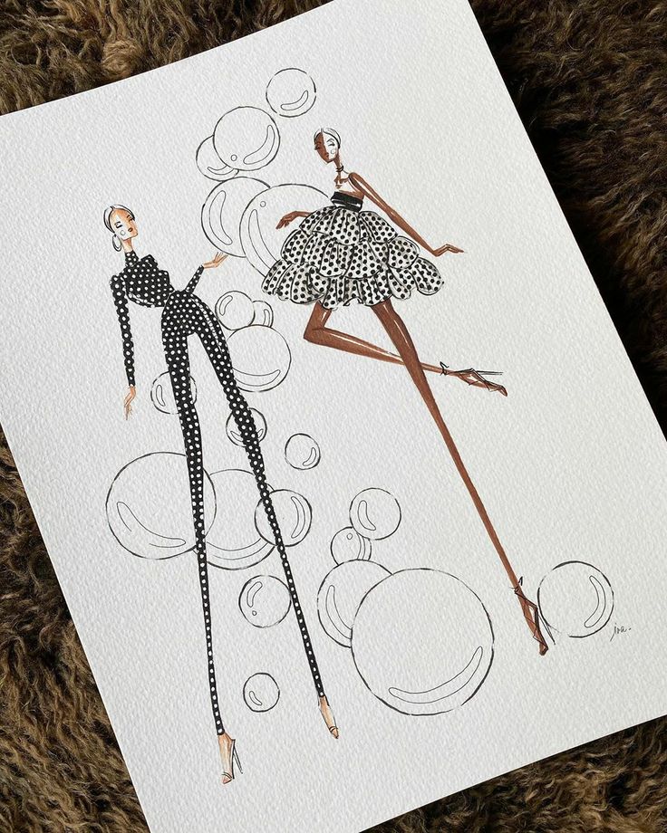 an illustration of two women in black and white polka dot dresses, one with long legs