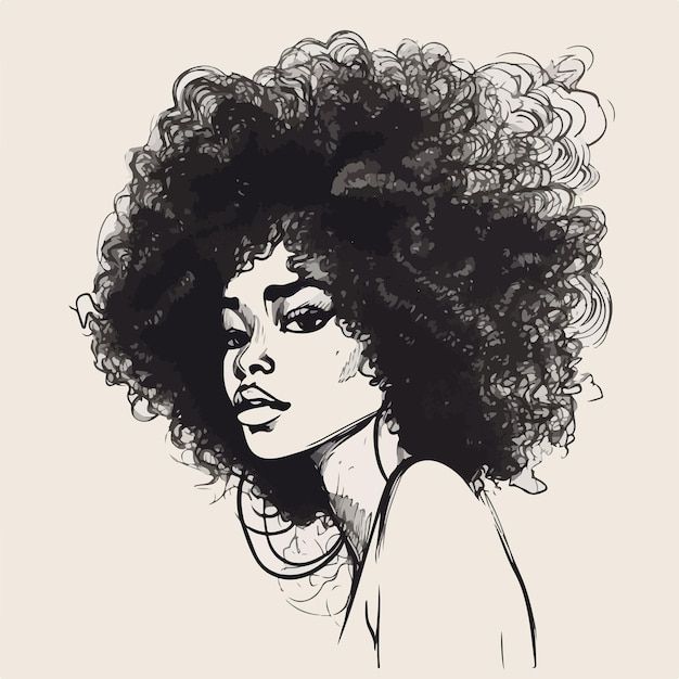 an ink drawing of a woman with curly hair