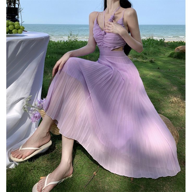 size: L, Color: Violet Elegant Spring Beach Pleated Dress, Elegant Pleated Beach Dress For Spring, Casual Pleated Dress For Spring, Sleeveless Pleated Dress For Spring Beach, Sleeveless Pleated Beach Dress For Spring, Pleated Dresses For Spring Date Night, Pleated Dress For Date Night In Spring, Spring Pleated Dress For Day Out, Spring Pleated Dress For Date Night