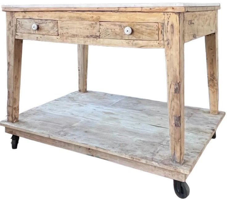 a wooden table with two drawers and wheels on the bottom shelf, against a white background