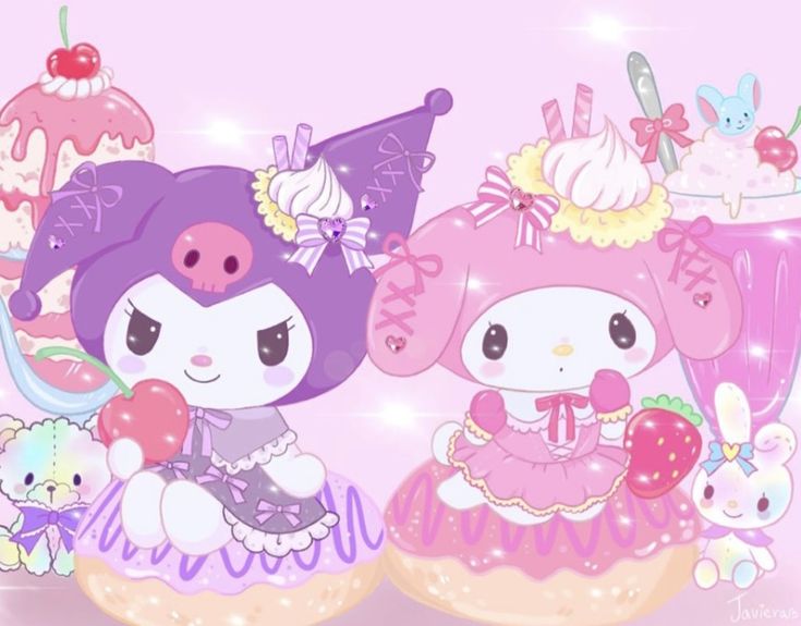 two cartoon characters sitting next to each other in front of cupcakes and bunnies