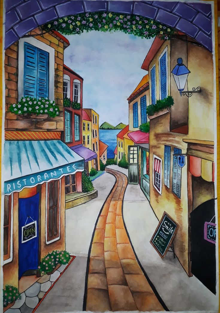 a painting of a street with buildings and blue shutters on the windows is shown