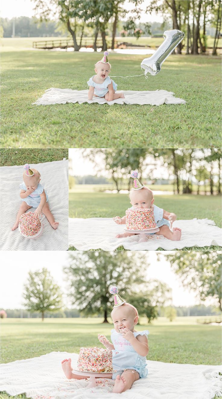 a baby sitting on top of a blanket holding a cake