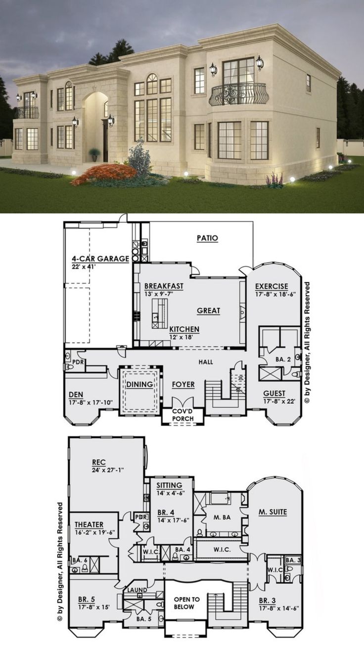 two story house plans with an open floor plan and large windows on the second level