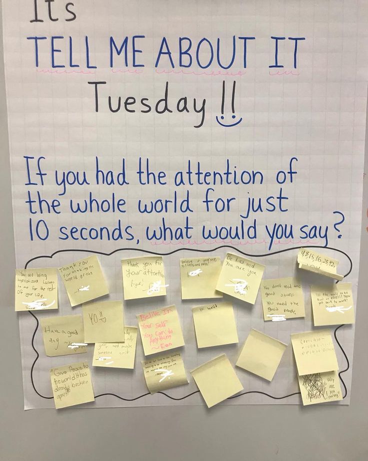 a bulletin board with post it notes on it that says it's tell me about it tuesday