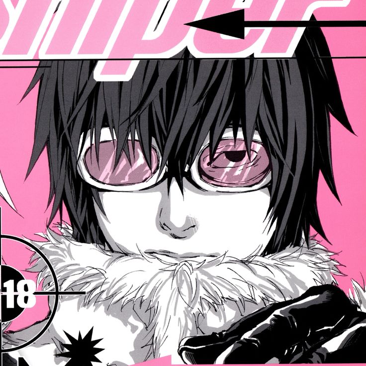 an anime character with black hair and pink eyes, wearing fur collared clothing in front of a pink background