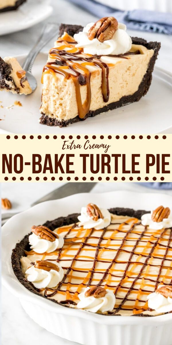 no - bake turtle pie with pecans on top